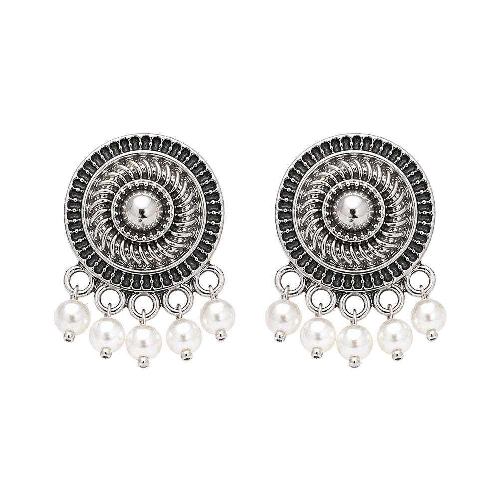 Antique Silver Round Pearl Drop Earrings