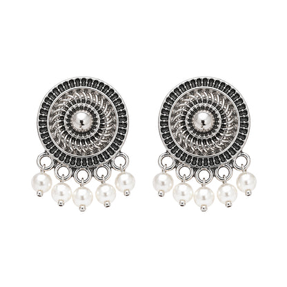 Antique Silver Round Pearl Drop Earrings