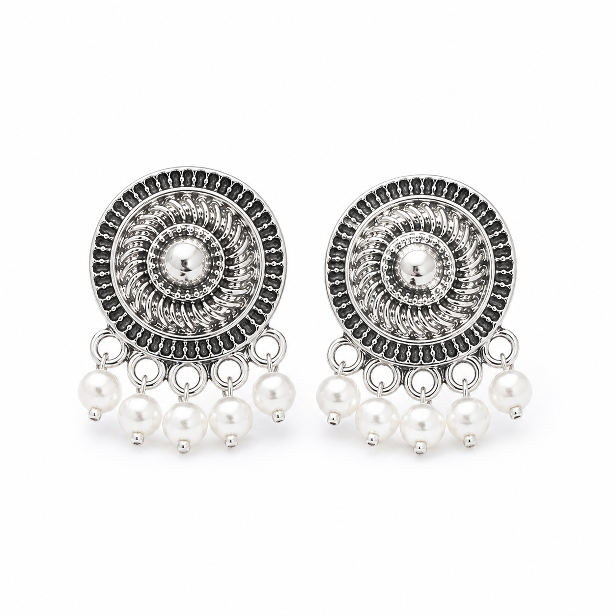Antique Silver Round Pearl Drop Earrings