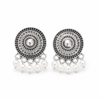 Antique Silver Round Pearl Drop Earrings