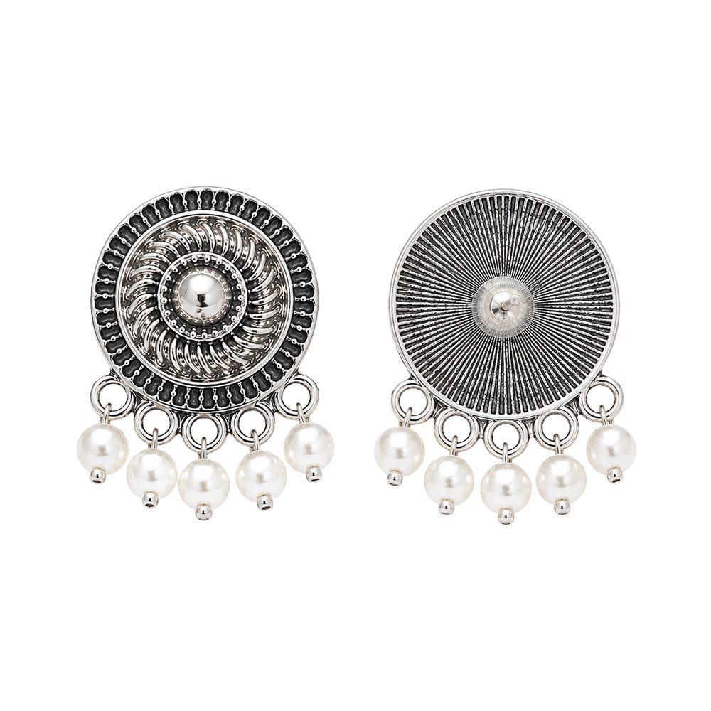 Antique Silver Round Pearl Drop Earrings