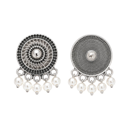 Antique Silver Round Pearl Drop Earrings