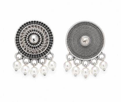 Antique Silver Round Pearl Drop Earrings