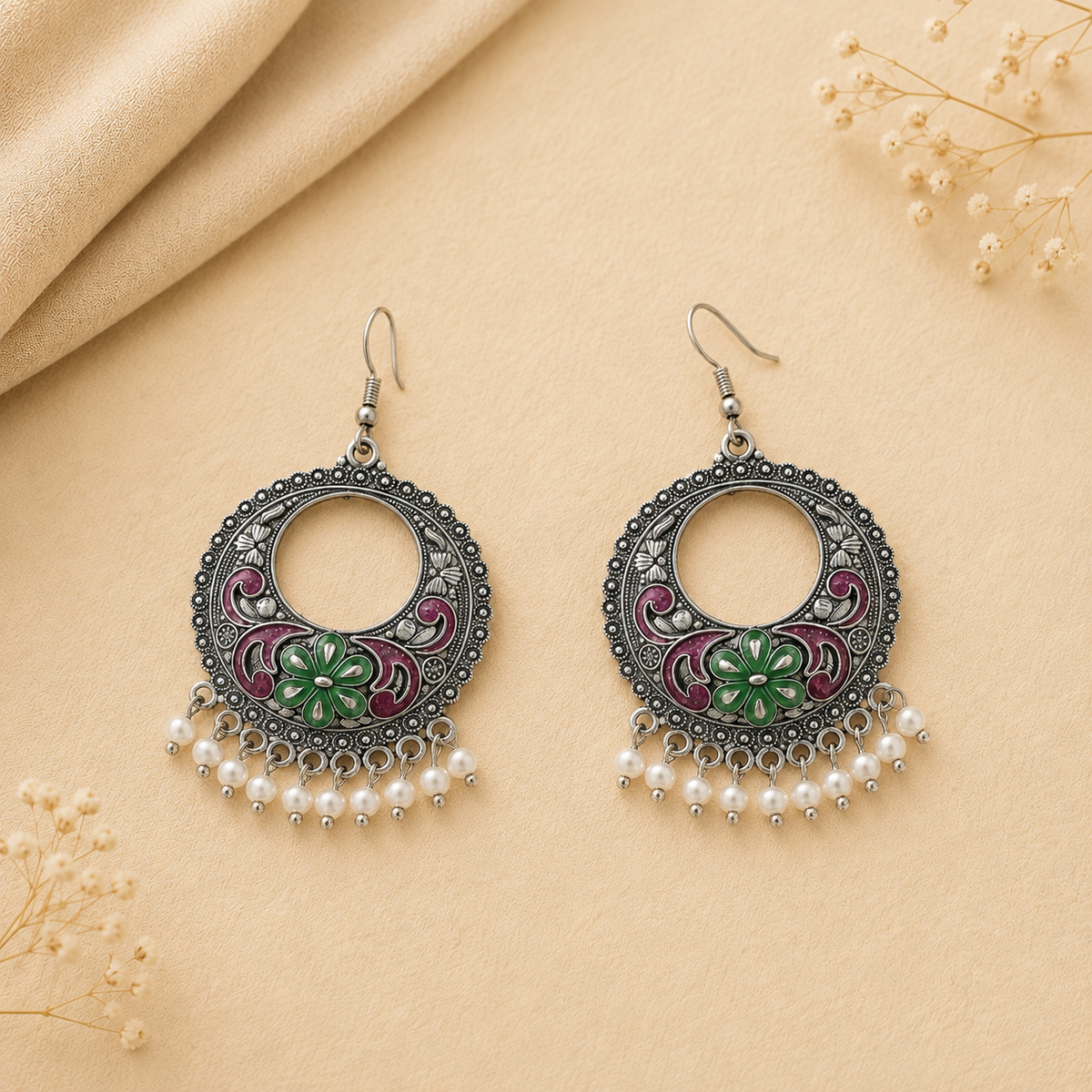 Red Green Floral Meenakari Round Earrings