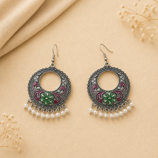 Red Green Floral Meenakari Round Earrings