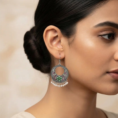 Red Green Floral Meenakari Round Earrings