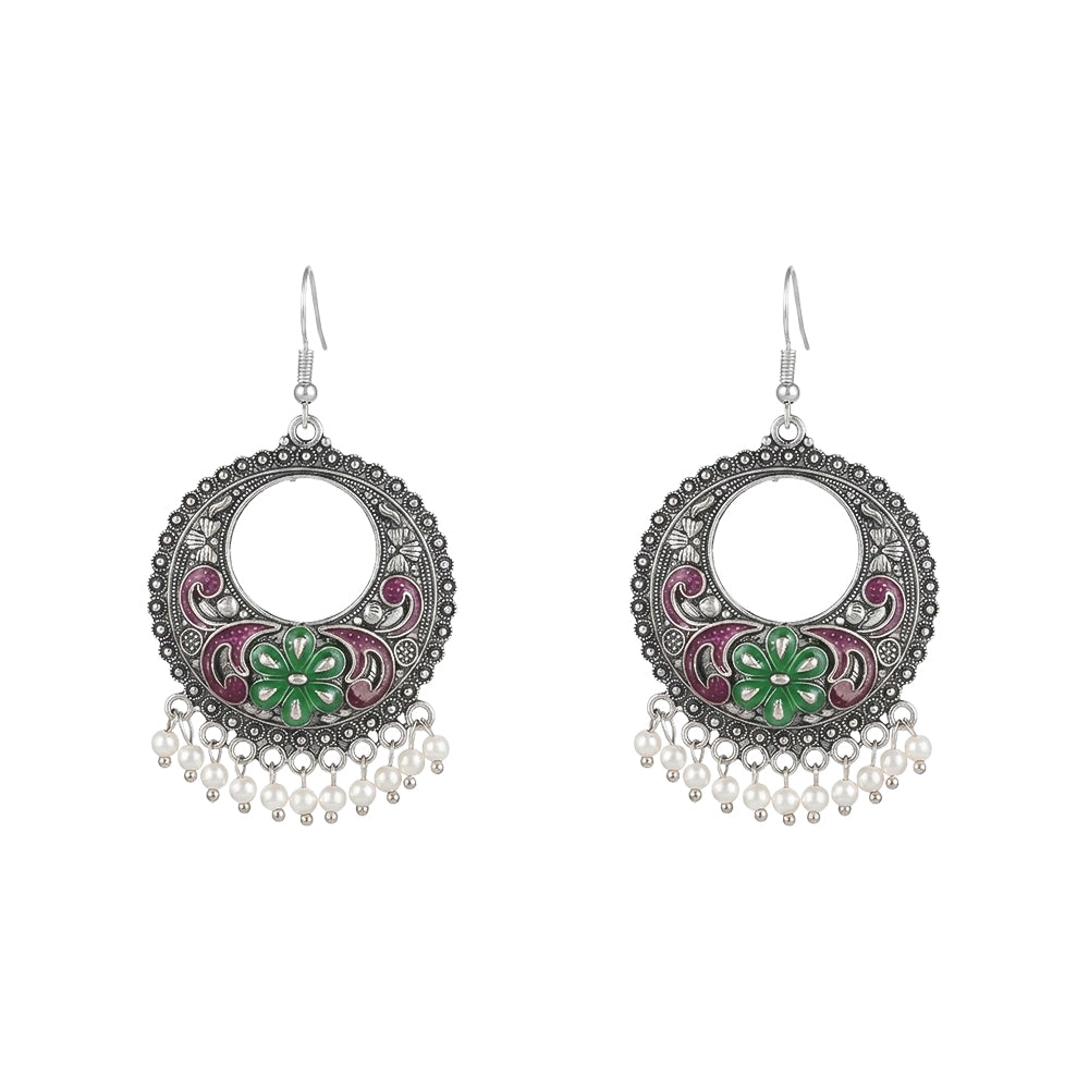 Red Green Floral Meenakari Round Earrings
