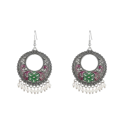 Red Green Floral Meenakari Round Earrings