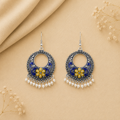 Blue yellow Floral Meenakari Round Earrings