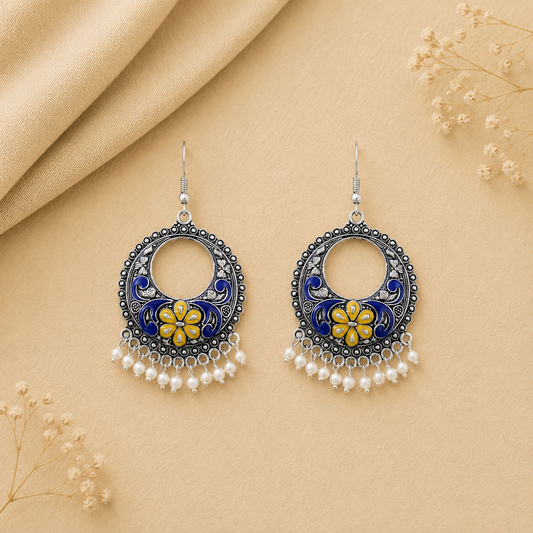 Blue yellow Floral Meenakari Round Earrings