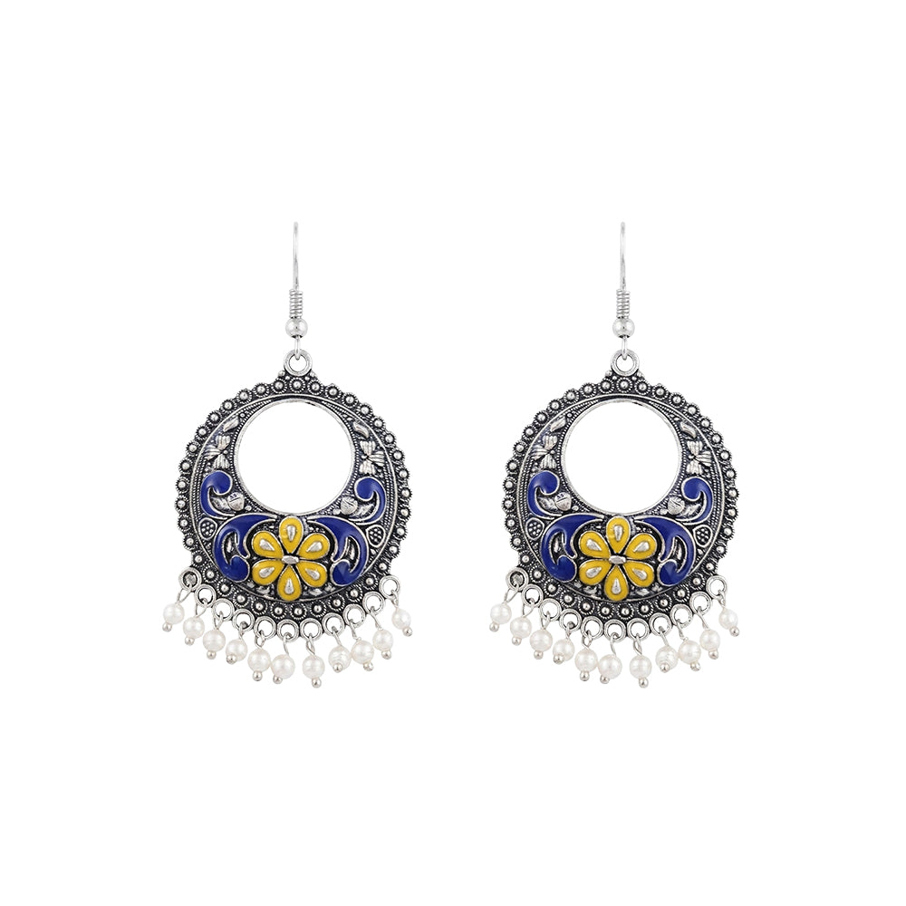 Blue yellow Floral Meenakari Round Earrings