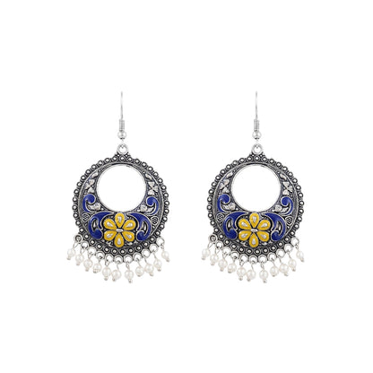Blue yellow Floral Meenakari Round Earrings