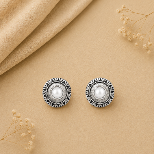 Round Oxidized Pearl Drop Earrings