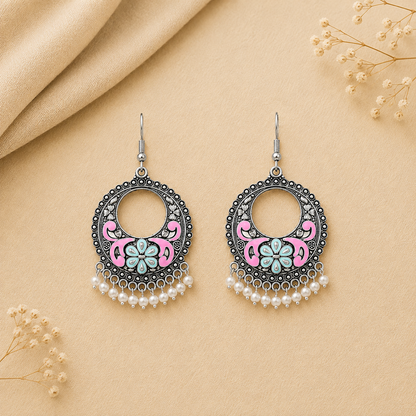 Pink Green Floral Meenakari Round Earrings