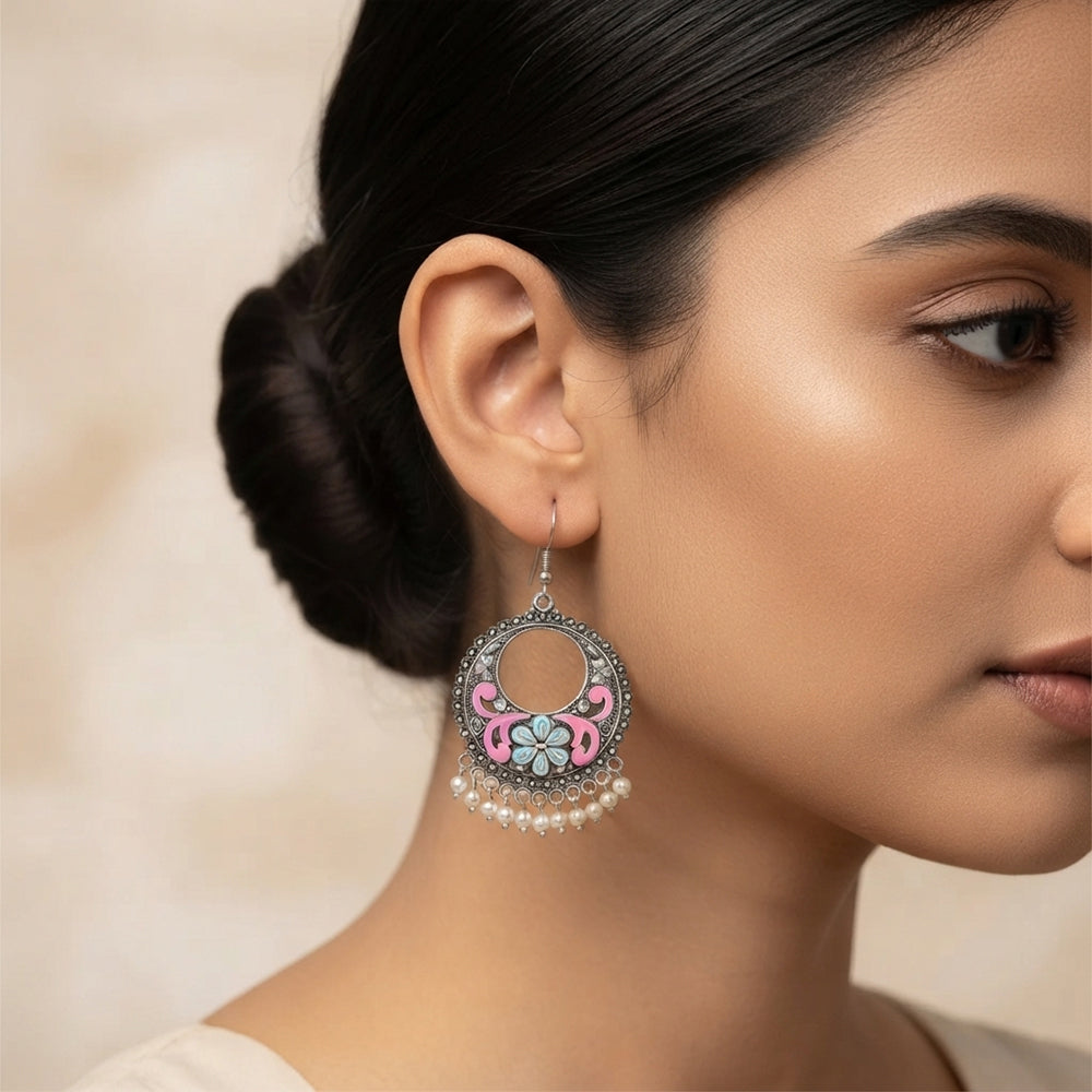 Pink Green Floral Meenakari Round Earrings