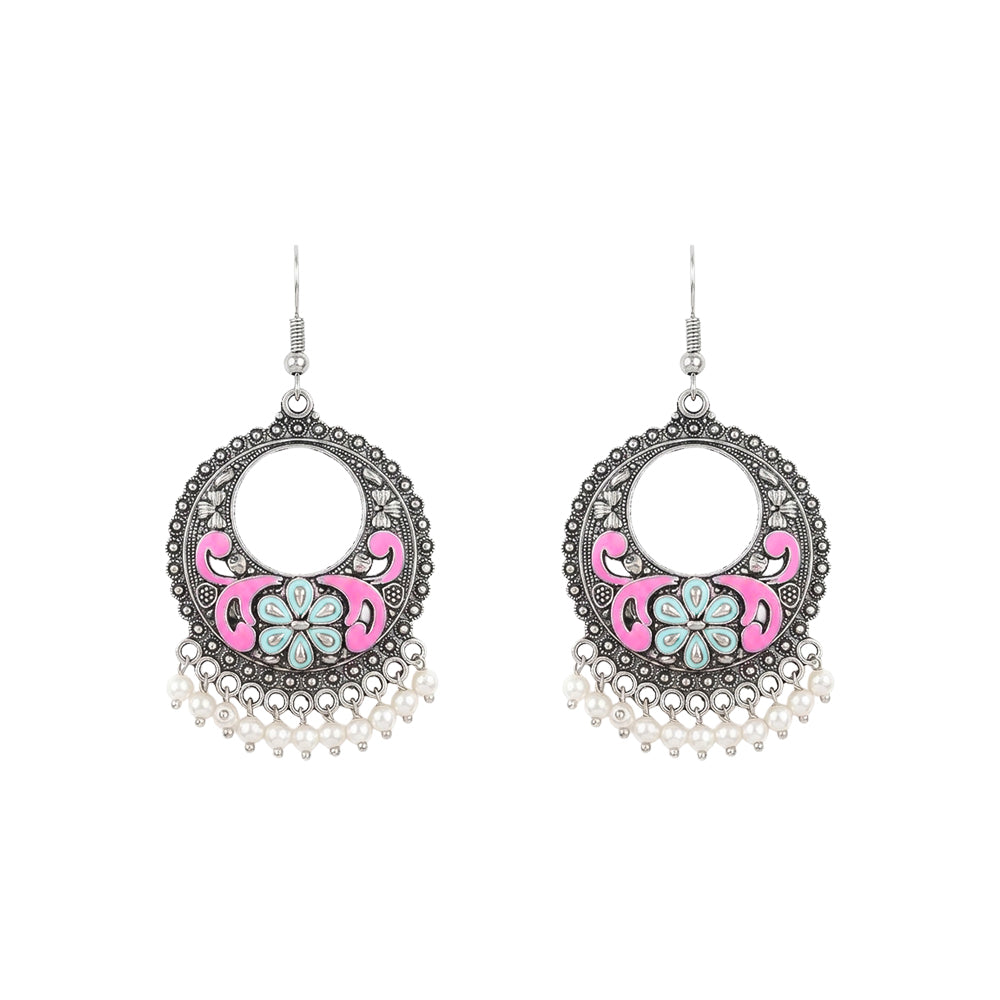 Pink Green Floral Meenakari Round Earrings