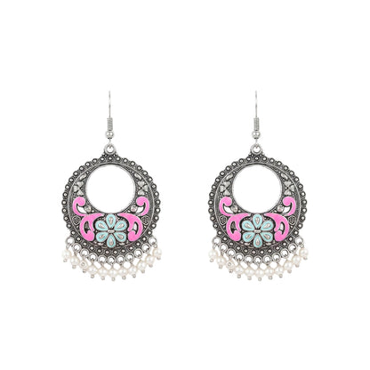 Pink Green Floral Meenakari Round Earrings