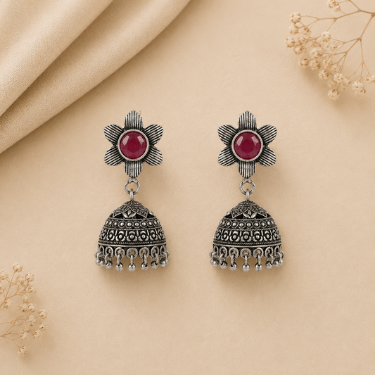 Adiva Silver Jhumki Earrings (Red)