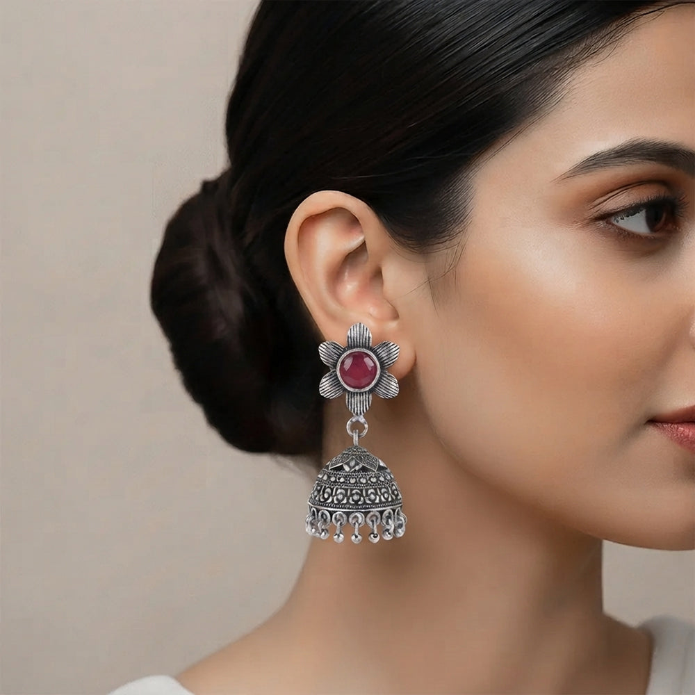 Adiva Silver Jhumki Earrings (Red)