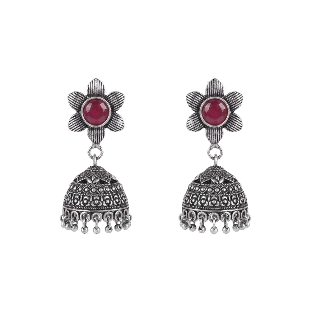 Adiva Silver Jhumki Earrings (Red)