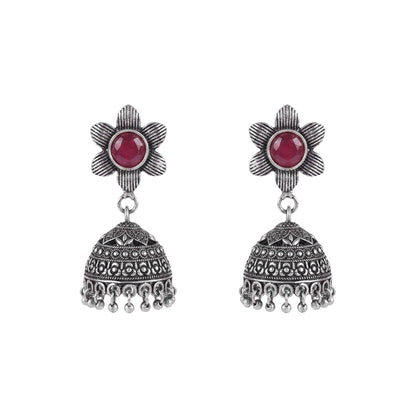 Adiva Silver Jhumki Earrings (Red)