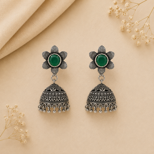 Adiva Silver Jhumki Earrings (Green)