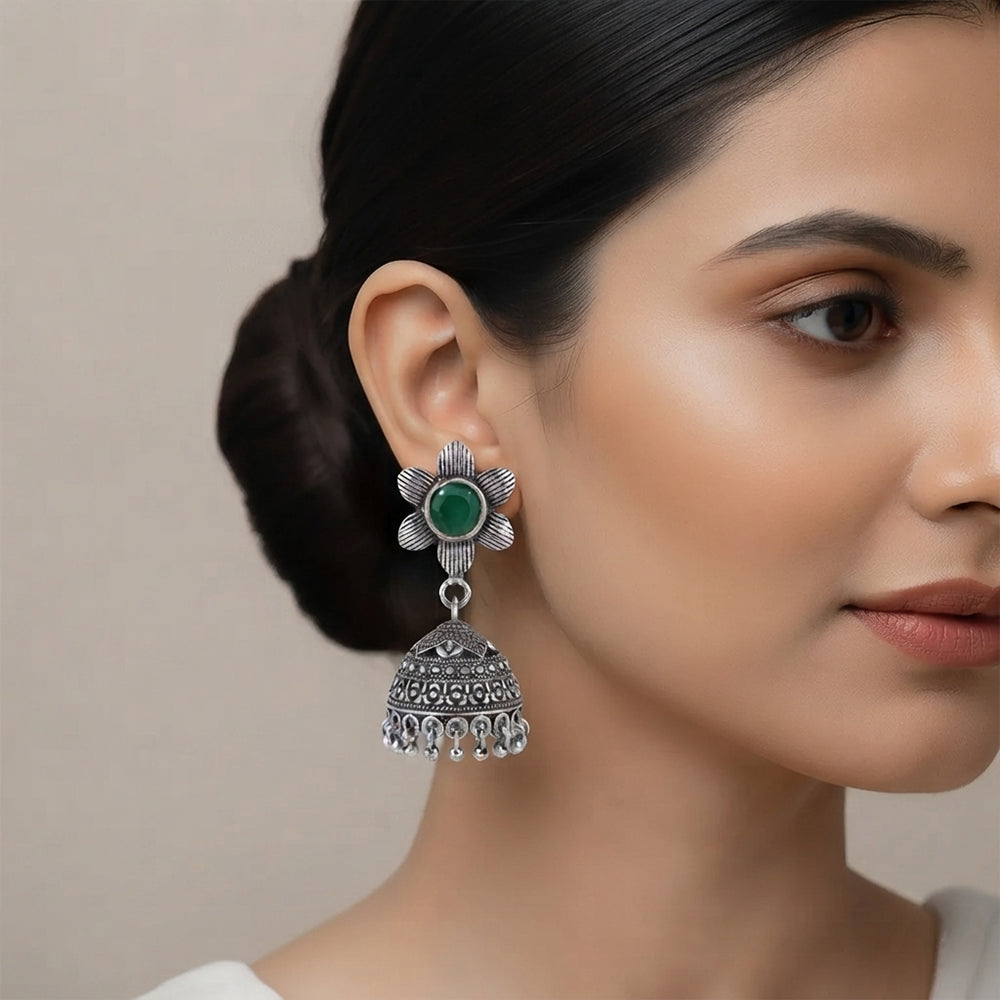 Adiva Silver Jhumki Earrings (Green)
