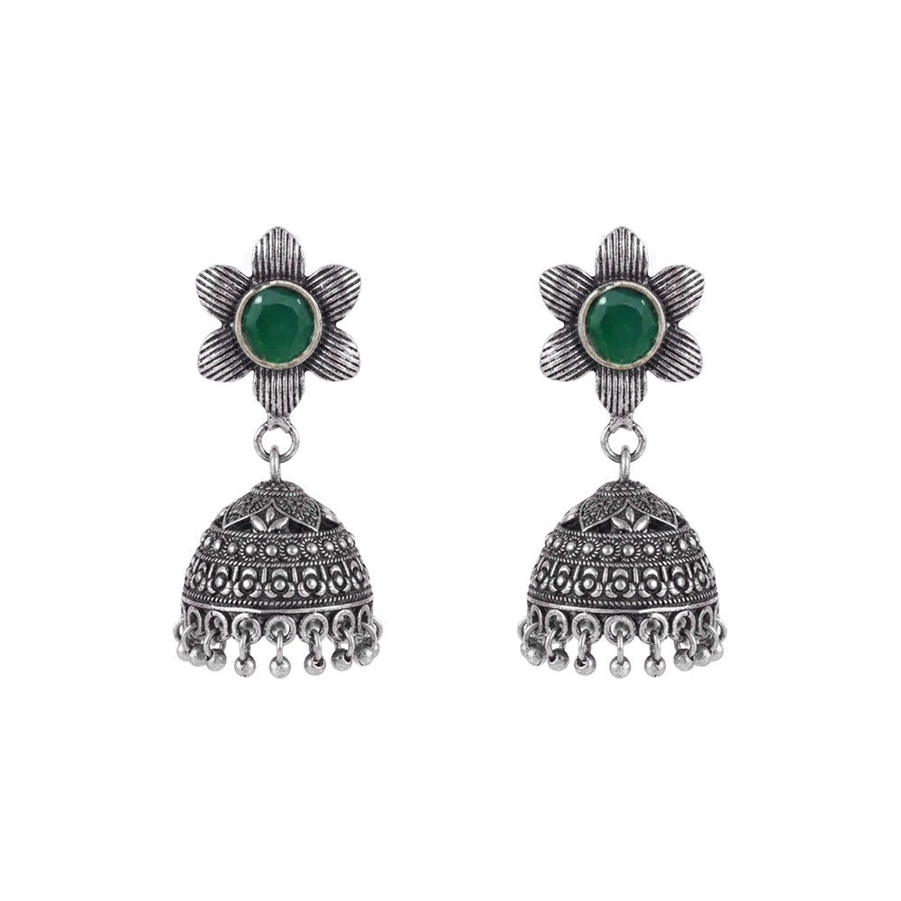 Adiva Silver Jhumki Earrings (Green)