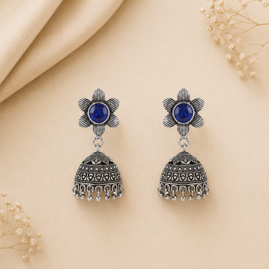 Adiva Silver Jhumki Earrings (Blue)
