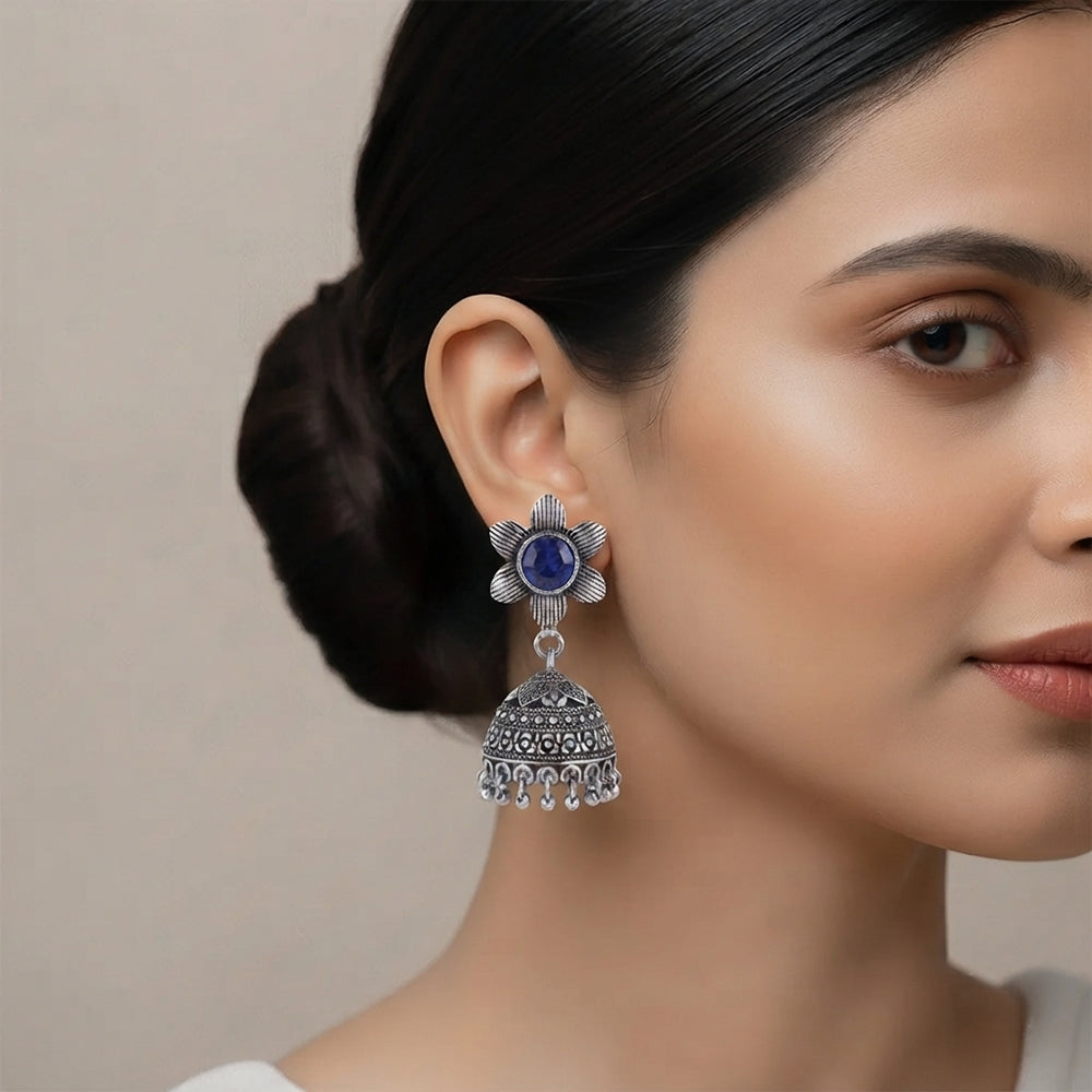 Adiva Silver Jhumki Earrings (Blue)