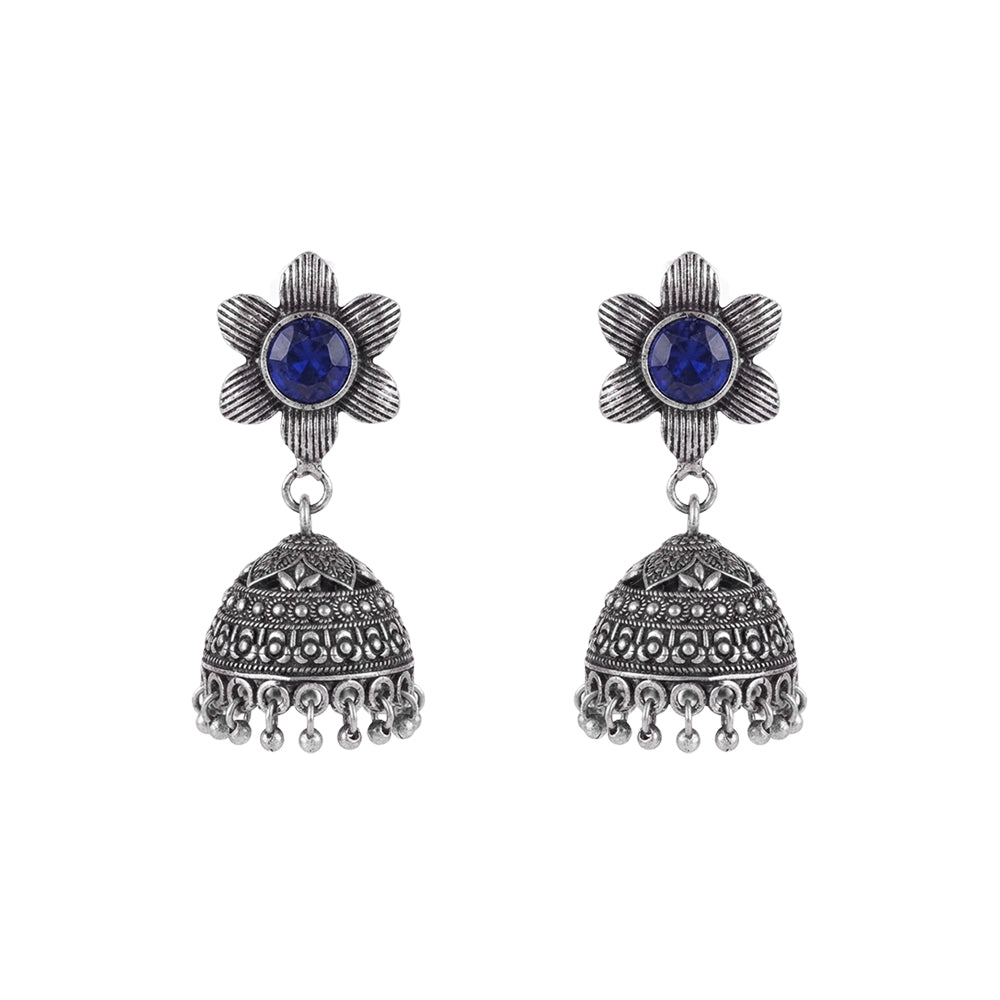 Adiva Silver Jhumki Earrings (Blue)