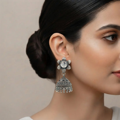 Adiva Silver Jhumki Earrings (White)