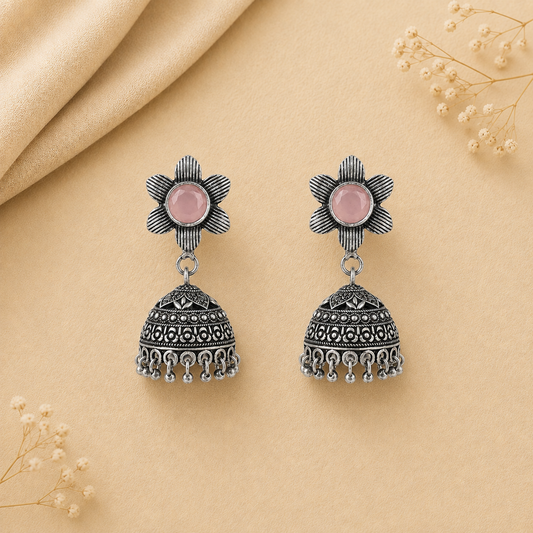 Adiva Silver Jhumki Earrings (Baby Pink)