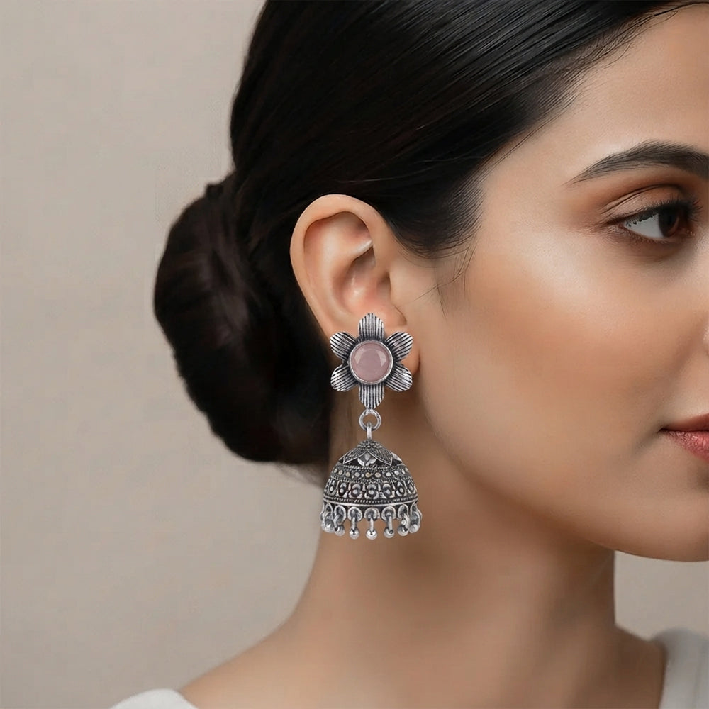Adiva Silver Jhumki Earrings (Baby Pink)