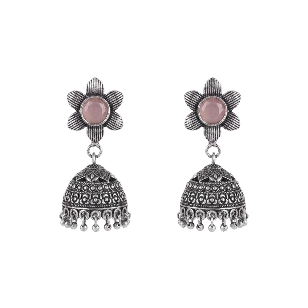 Adiva Silver Jhumki Earrings (Baby Pink)