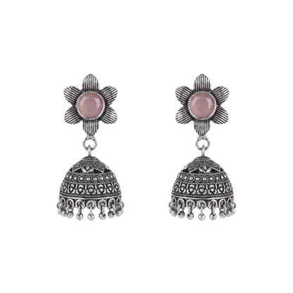 Adiva Silver Jhumki Earrings (Baby Pink)