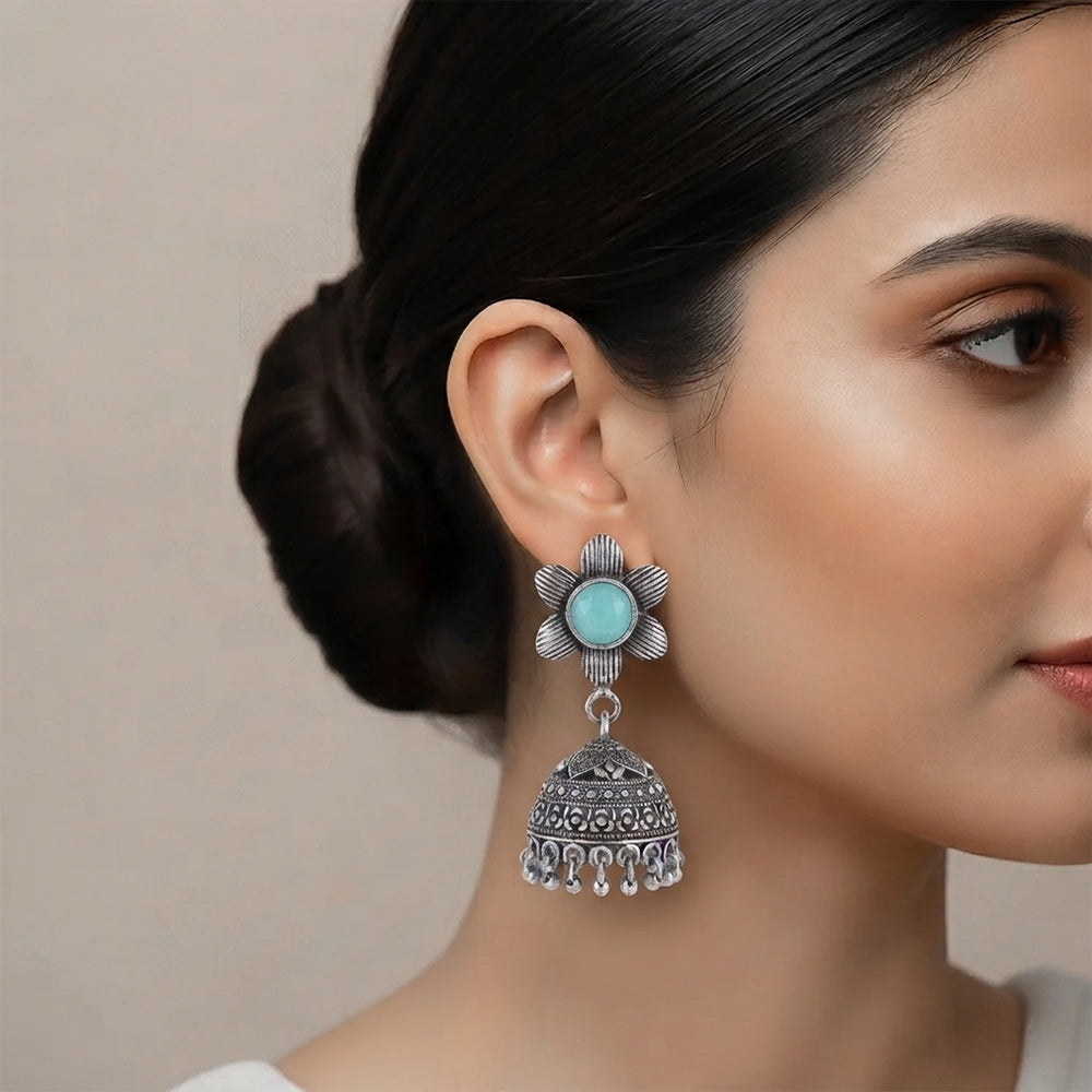 Adiva Silver Jhumki Earrings (Mint)