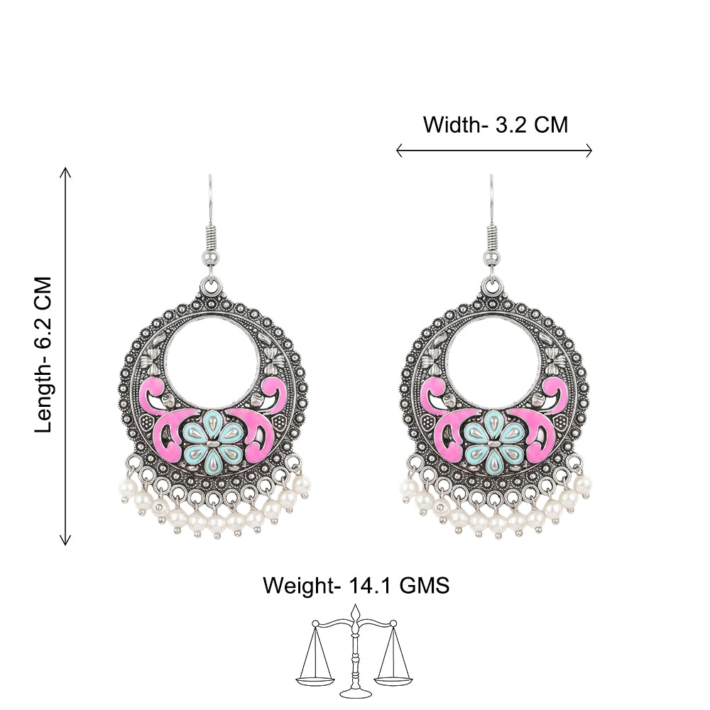 Pink Green Floral Meenakari Round Earrings