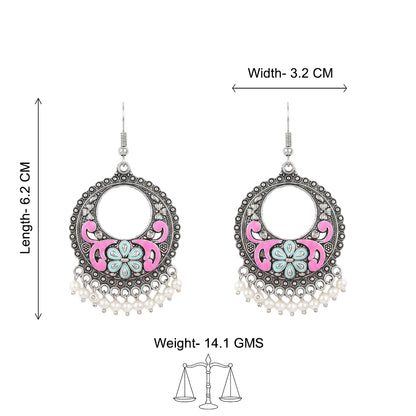 Pink Green Floral Meenakari Round Earrings