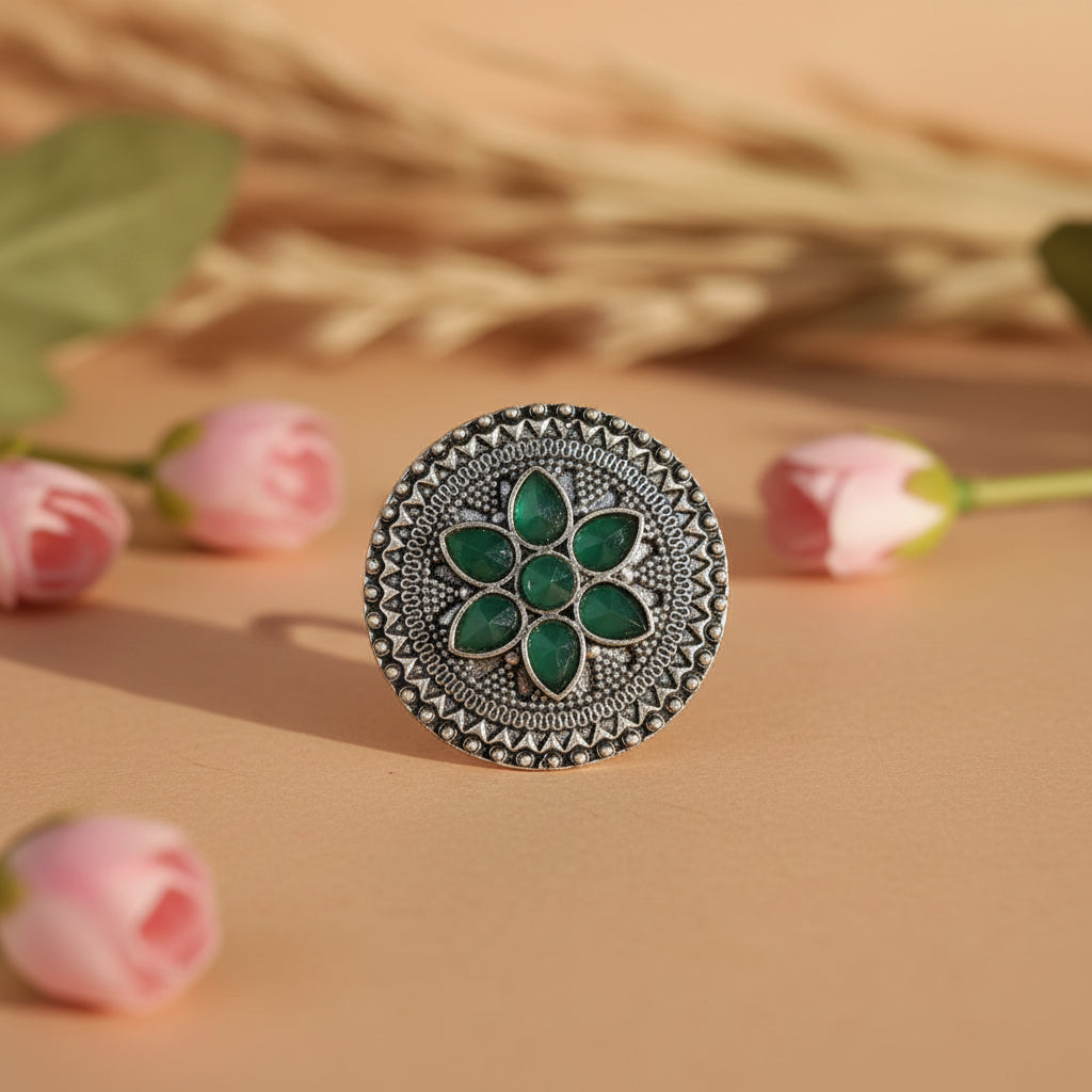 Floral chakra stone studded ring (Green)