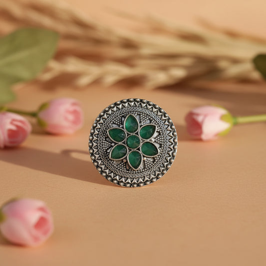 Floral chakra stone studded ring (Green)