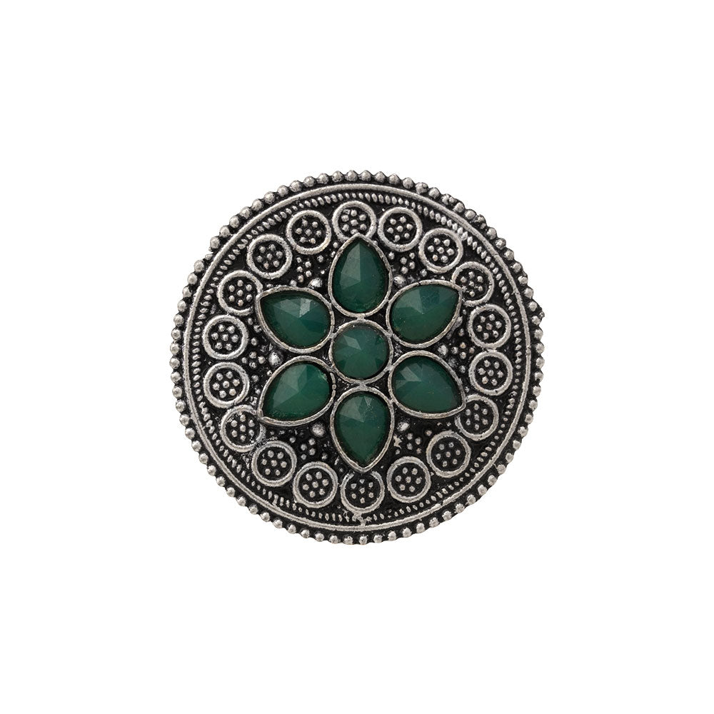Green Stone Studded German Silver Adjustable Ring