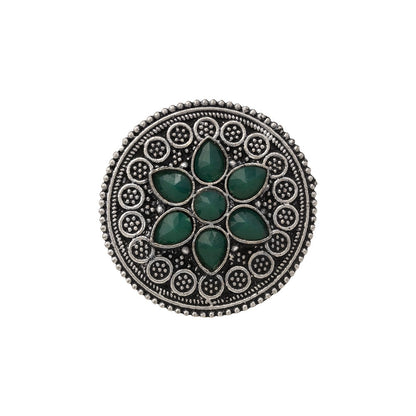 Green Stone Studded German Silver Adjustable Ring