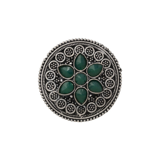 Green Stone Studded German Silver Adjustable Ring