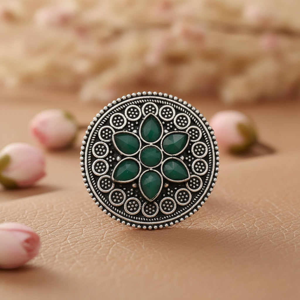 Green Stone Studded German Silver Adjustable Ring