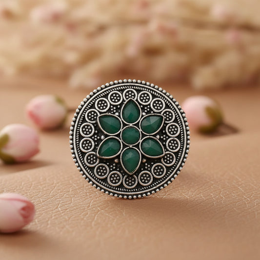 Green Stone Studded German Silver Adjustable Ring