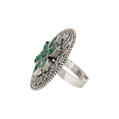 Green Stone Studded German Silver Adjustable Ring