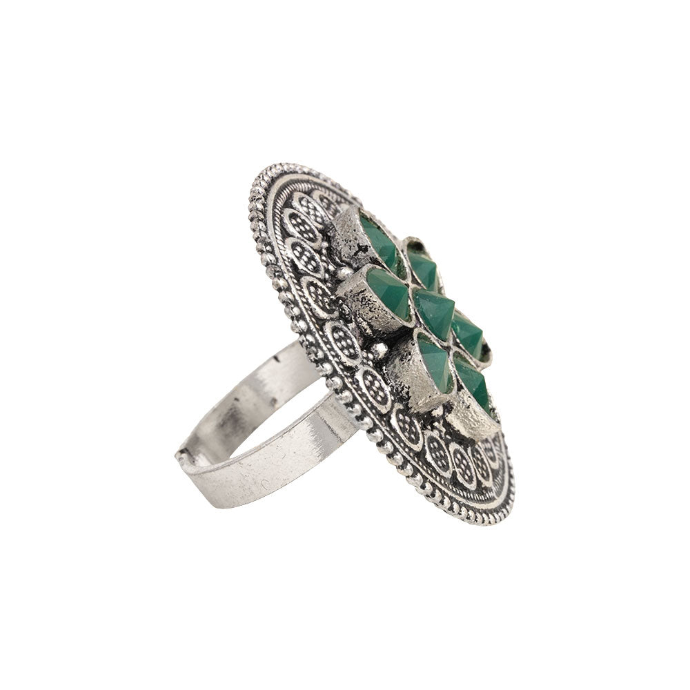 Green Stone Studded German Silver Adjustable Ring