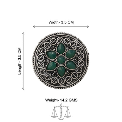 Green Stone Studded German Silver Adjustable Ring
