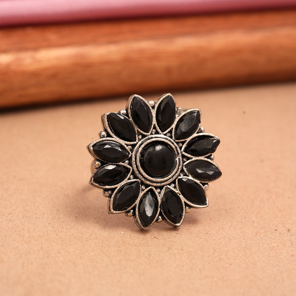 Everyday orchid stone studded oxidized rings (Black)